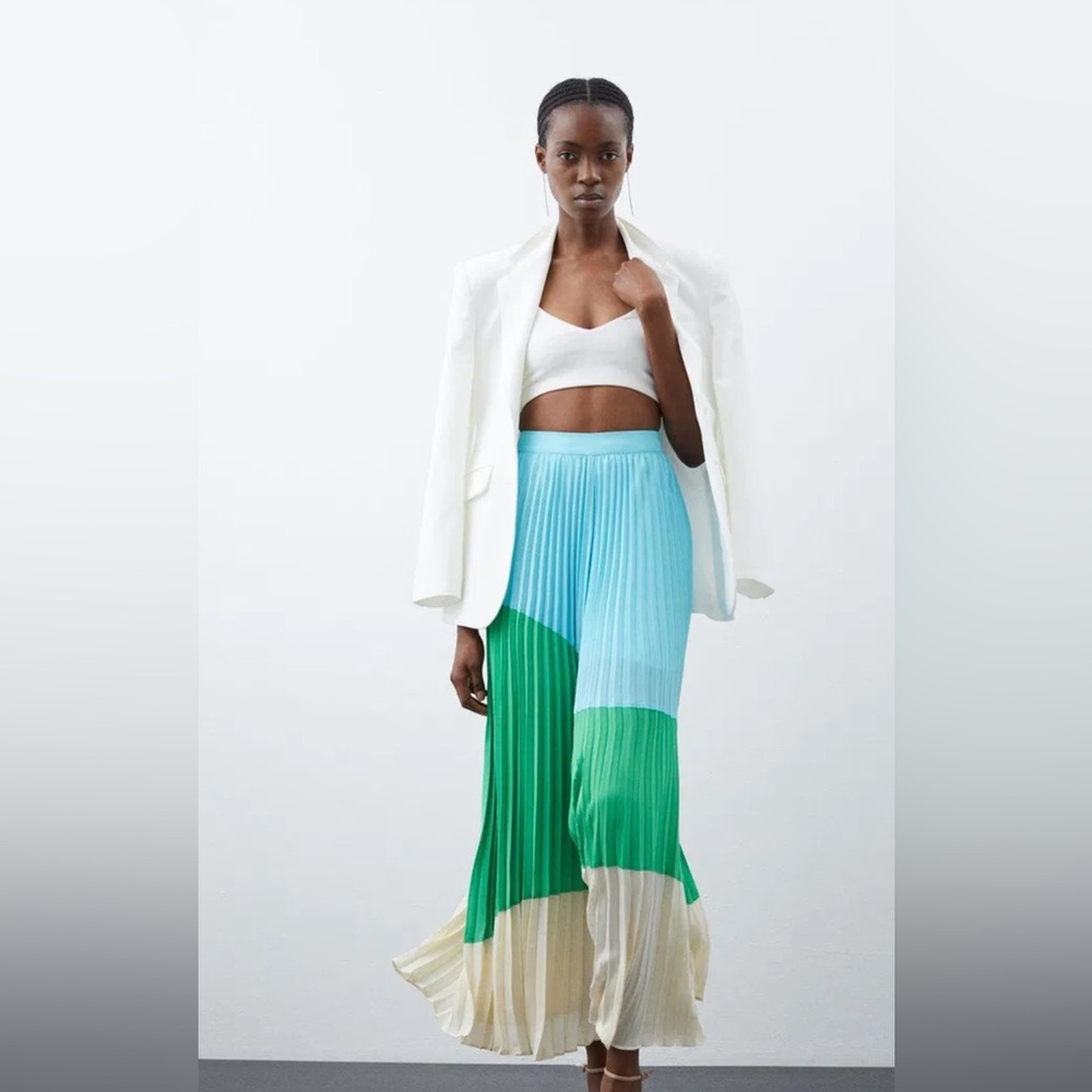 KAREN MILLEN Colorblock Blue Green Cream Pleated Wide Leg Trouser Pants Size 6